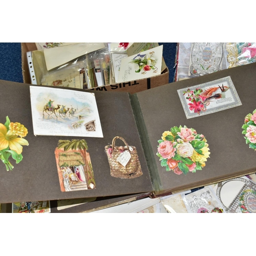 573 - VICTORIAN & EDWARDIAN EPHEMERA two boxes to include greetings cards, postcards, a scrapbook, a small... 