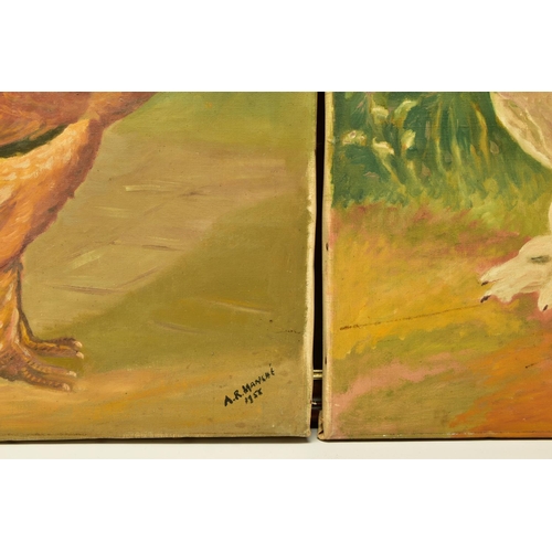 295 - A.R. MANCHE (20TH CENTURY) TWO NAIVE STUDIES OF ORNAMENTAL CHICKENS, both signed and dated 1958, oil... 