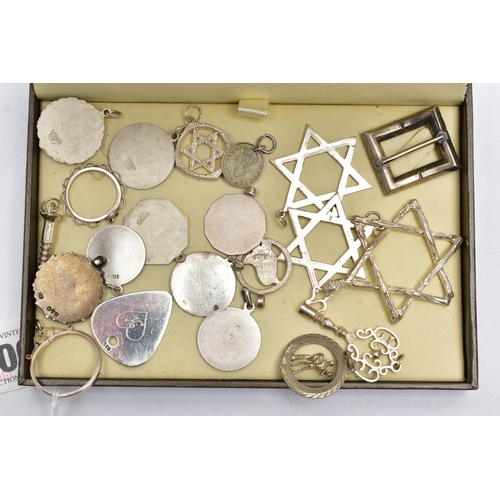 100 - ASSORTED SILVER AND WHITE METAL PENDANTS, the first a silver darts medal, hallmarked Chester 1939, a... 