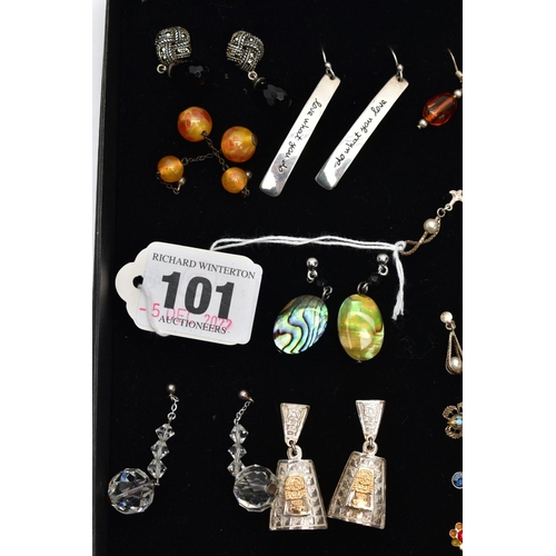 101 - A TRAY OF ASSORTED EARRINGS, nineteen pairs of white metal earrings, to include imitation pearl, she... 