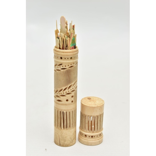 105 - A BONE PICK UP STICKS GAME, bone pick up sticks, some with painted detail, together with a carved op... 