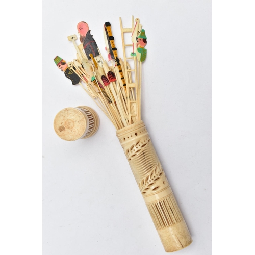 105 - A BONE PICK UP STICKS GAME, bone pick up sticks, some with painted detail, together with a carved op... 