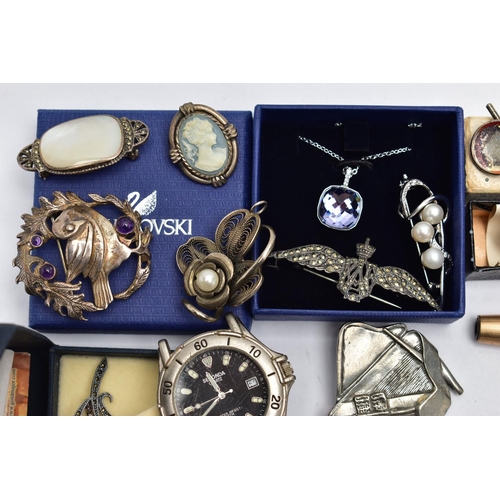 108 - A BAG OF ASSORTED SILVER AND WHITE METAL JEWELLERY, to include a silver hinged bangle with a floral ... 