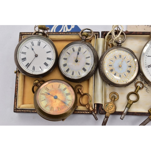 109 - FIVE OPEN FACE POCKET WATCHES, the first a silver cased ladies pocket watch, hand wound movement, Ro... 