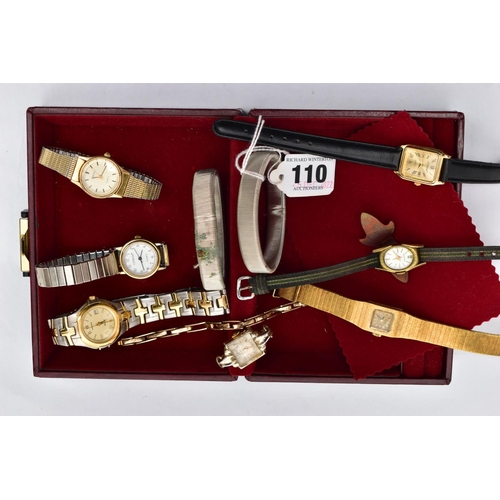 110 - A SMALL JEWELLERY BOX WITH FASHION WRISTWATCHES, to include six watches with names to include a gold... 