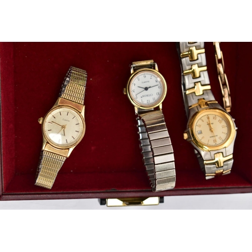 110 - A SMALL JEWELLERY BOX WITH FASHION WRISTWATCHES, to include six watches with names to include a gold... 