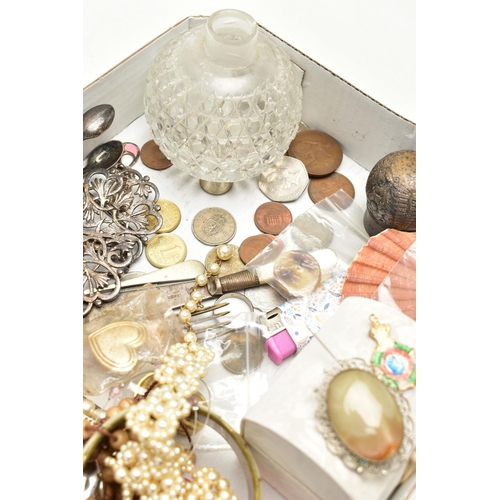 114 - A BOX OF SILVER AND ASSORTED ITEMS, to include a silver lidded bottle, hallmarked 'Army & Navy Coope... 