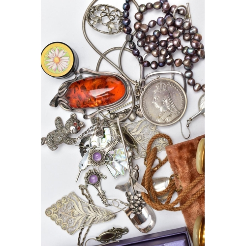 116 - A BOX OF ASSORTED SILVER AND WHITE METAL JEWELLERY AND A PAIR OF OPERA GLASSES, to include a large o... 