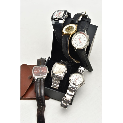 117 - A BOX OF ASSORTED GENTS FASHION WRISTWATCHES AND A SMALL WALLET OF STAMPS, all watches are used and ... 