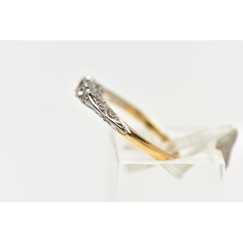 12 - AN 18CT GOLD FIVE STONE DIAMOND RING, set with graduated old cut diamonds and two single cut diamond... 