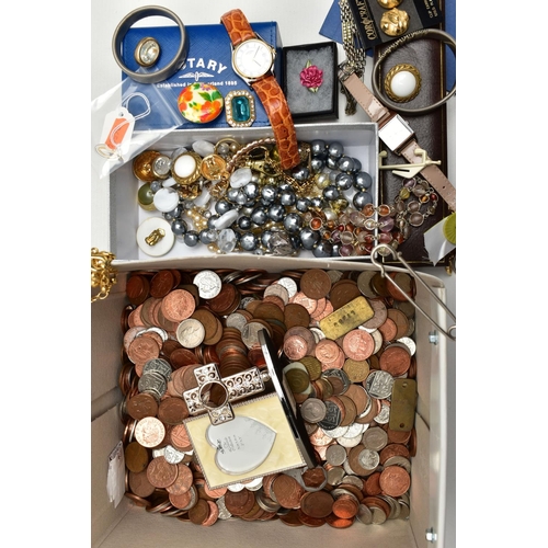 120 - A BOX CONTAINING AN AMOUNT OF MODERN BRITISH COINS, COSTUME JEWELLERY AND A ROTARY WRISTWATCH, to in... 