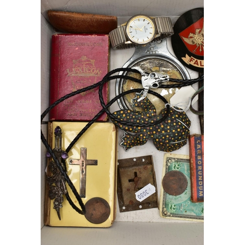 126 - A BOX OF ASSORTED ITEMS, to include a bible affixed with a silver cross to the front hallmarked Lond... 