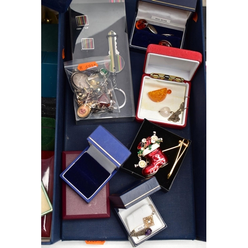 127 - TWO BOXES OF ASSORTED SEMI-PRECIOUS GEMSTONE JEWELLERY, COSTUME JEWELLERY AND OTHER ITEMS, to includ... 