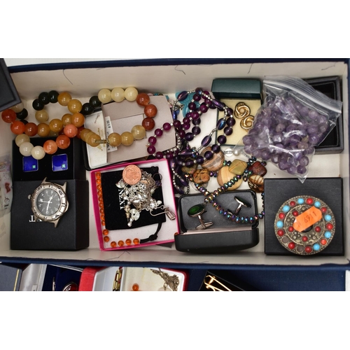 127 - TWO BOXES OF ASSORTED SEMI-PRECIOUS GEMSTONE JEWELLERY, COSTUME JEWELLERY AND OTHER ITEMS, to includ... 