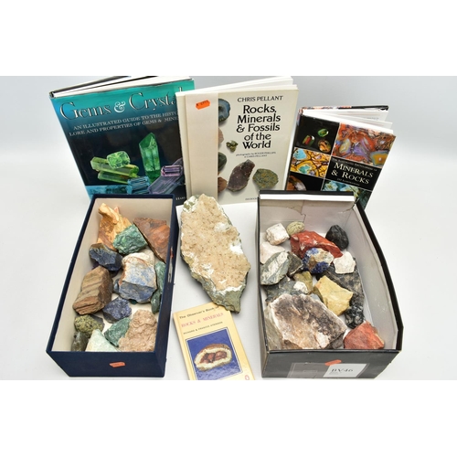 128 - TWO BOXES OF GEMSTONE SPECIMENS, MINERALS, AND BOOKS, specimens to include petrified wood, Lapis Laz... 