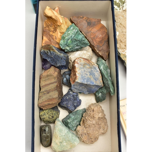 128 - TWO BOXES OF GEMSTONE SPECIMENS, MINERALS, AND BOOKS, specimens to include petrified wood, Lapis Laz... 