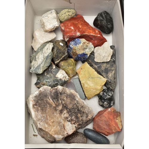 128 - TWO BOXES OF GEMSTONE SPECIMENS, MINERALS, AND BOOKS, specimens to include petrified wood, Lapis Laz... 