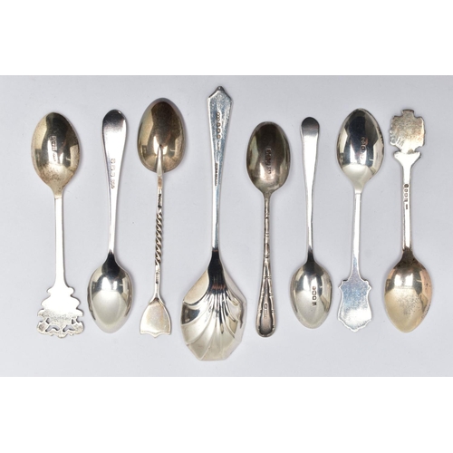 129 - ASSORTED SILVER SPOONS, eight silver spoons, all bearing various UK hallmarks, approximate gross wei... 