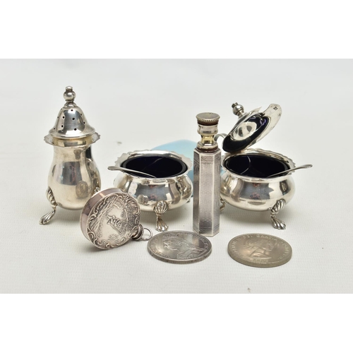 132 - A THREE PIECE SILVER CONDIMENT SET AND TWO SILVER SCENT BOTTLES, the condiments to include a cauldro... 