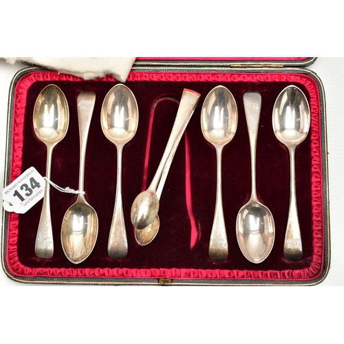 134 - A VICTORIAN CASED SET OF SILVER TEASPOONS, six old English pattern teaspoons with monogram engraving... 