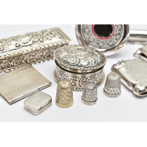 135 - A SMALL BOX OF ASSORTED SILVER AND WHITE METAL, to include a silver rectangular form trinket box, em... 