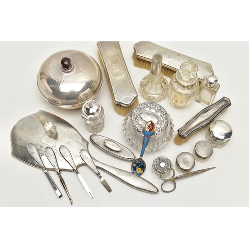 136 - A BOX OF ASSORTED SILVER AND WHITE METAL, to include a brush and mirror set, hallmarked 'William Dev... 