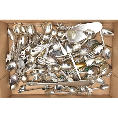 137 - ASSORTED WHITE METAL SPOONS, a large selection of cutlery and souvenir teaspoons, locations to inclu... 