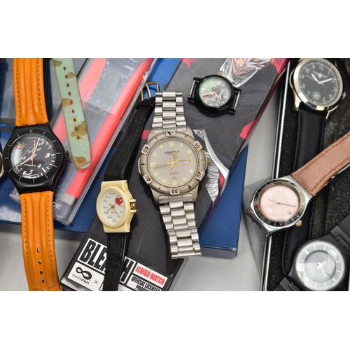 138 - A BOX OF ASSORTED WRISTWATCHES, to include a boxed 'Swatch' quartz, a boxed 'Shonen jump Bleach' qua... 