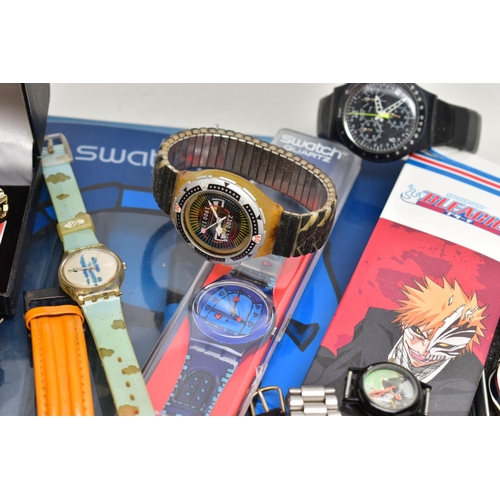 138 - A BOX OF ASSORTED WRISTWATCHES, to include a boxed 'Swatch' quartz, a boxed 'Shonen jump Bleach' qua... 