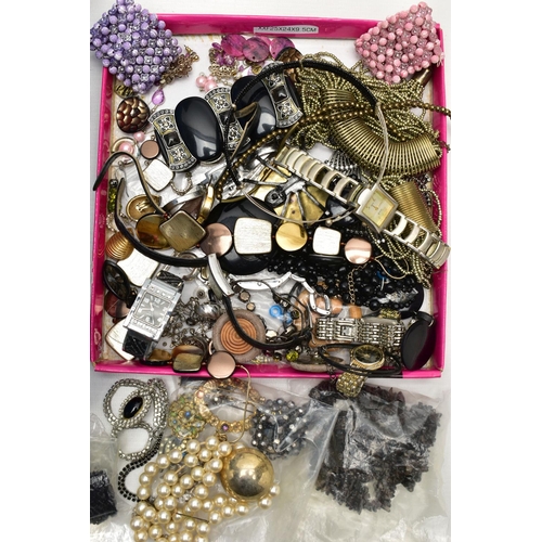 139 - A BOX OF ASSORTED COSTUME JEWELLERY AND FASHION WRISTWATCHES, to include various beaded necklaces, b... 