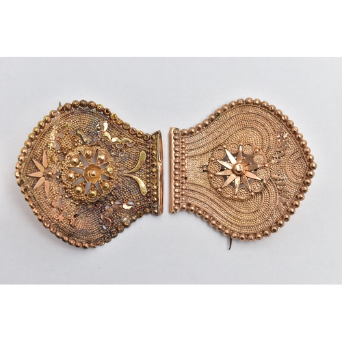 14 - TWO YELLOW METAL MODIFIED BELT BUCKLES, non-matching buckles one rose tone the one yellow metal, eac... 