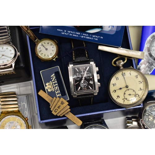 140 - A BOX OF ASSORTED FASHION WRISTWATCHES AND OTHER ITEMS, all untested, to include a boxed 'Swatch' on... 