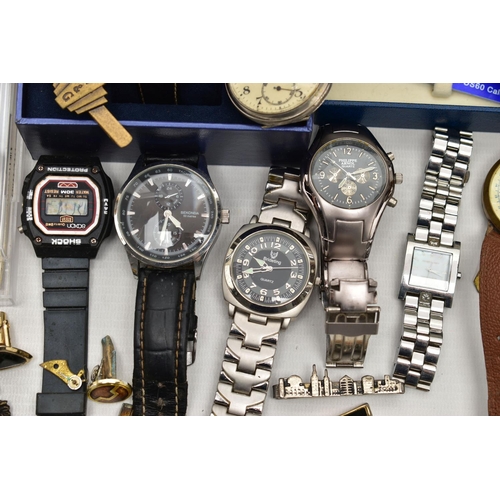 140 - A BOX OF ASSORTED FASHION WRISTWATCHES AND OTHER ITEMS, all untested, to include a boxed 'Swatch' on... 