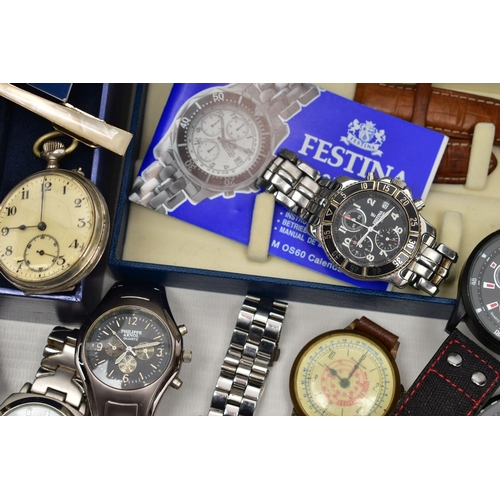 140 - A BOX OF ASSORTED FASHION WRISTWATCHES AND OTHER ITEMS, all untested, to include a boxed 'Swatch' on... 