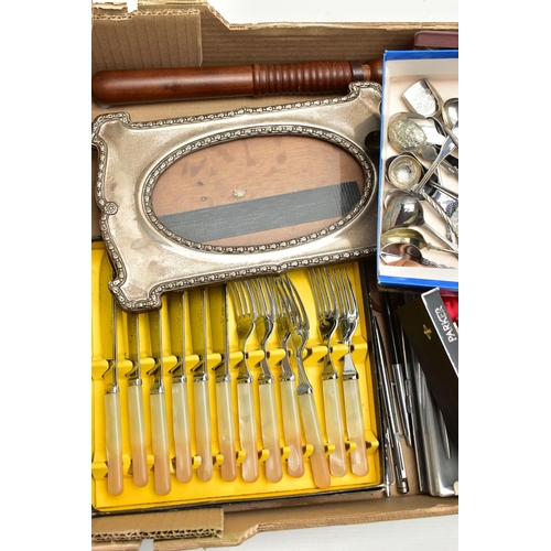 142 - A BOX OF ASSORTED ITEMS, to include a silver photo frame, hallmarked 'Charles S Green & Co Ltd' Birm... 