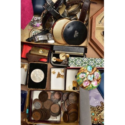 145 - A BOX OF ASSORTED COSTUME JEWELLERY AND ITEMS, to include various beaded necklaces, earrings, bracel... 