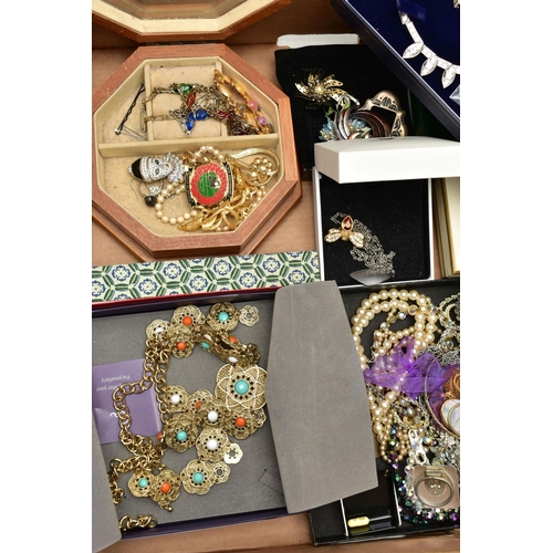 145 - A BOX OF ASSORTED COSTUME JEWELLERY AND ITEMS, to include various beaded necklaces, earrings, bracel... 