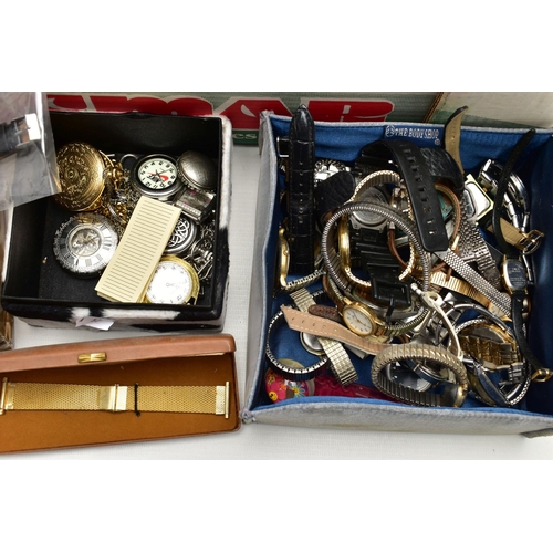 147 - A LARGE QUANTITY OF FASHION WRISTWATCHES, POCKET WATCHES AND EMPTY JEWELLERY BOXES, large quantity o... 