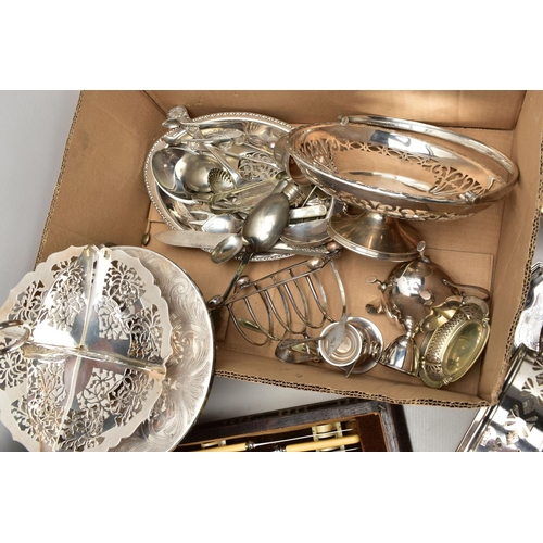 150 - A BOX OF SILVER AND ASSORTED TABLEWARE, to include a pair of pierced napkin rings, hallmarked 'Willi... 