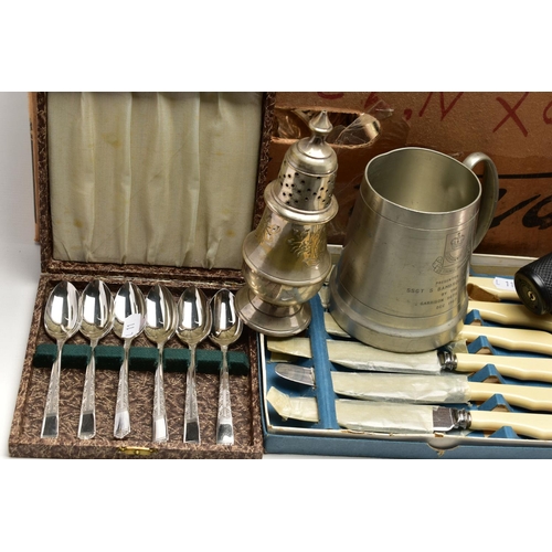 151 - A BOX OF ASSORTED WHITE METAL WARE, to include various trays, entree dish, sugar caster, a min torch... 