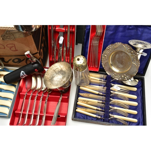 151 - A BOX OF ASSORTED WHITE METAL WARE, to include various trays, entree dish, sugar caster, a min torch... 