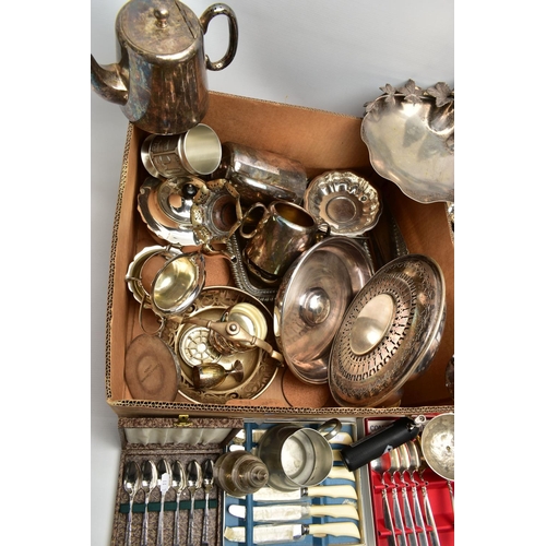 151 - A BOX OF ASSORTED WHITE METAL WARE, to include various trays, entree dish, sugar caster, a min torch... 