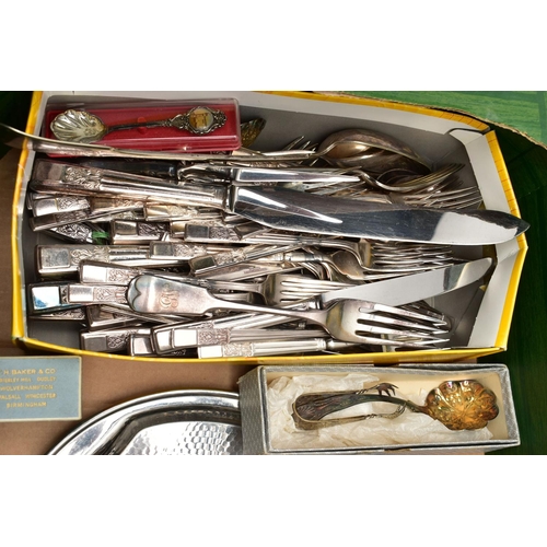 152 - A BOX OF ASSORTED ITEMS, to include four silver Walsall souvenir teaspoons hallmarked 'Ward Brothers... 