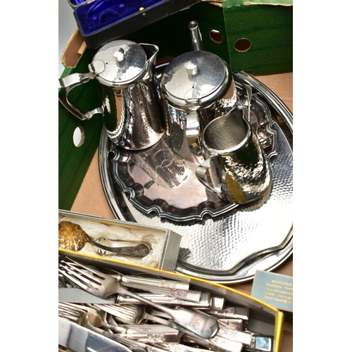 152 - A BOX OF ASSORTED ITEMS, to include four silver Walsall souvenir teaspoons hallmarked 'Ward Brothers... 