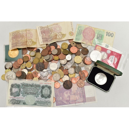 157 - A CARDBOARD BOX OF MIXED WORLD COINAGE, to include a boxed Royal Mint 25.3 gram .925 39.0mm Silver N... 