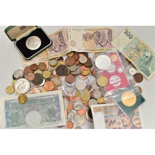 157 - A CARDBOARD BOX OF MIXED WORLD COINAGE, to include a boxed Royal Mint 25.3 gram .925 39.0mm Silver N... 