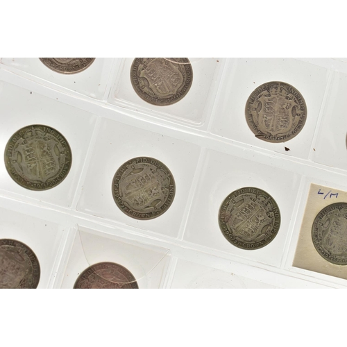 158 - A CARDBOARD BOX CONTAINING 20th CENTURY HALFCROWNS AND FLORIN COINS, to include 9 x 1889 to 1918 .92... 