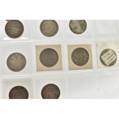 158 - A CARDBOARD BOX CONTAINING 20th CENTURY HALFCROWNS AND FLORIN COINS, to include 9 x 1889 to 1918 .92... 