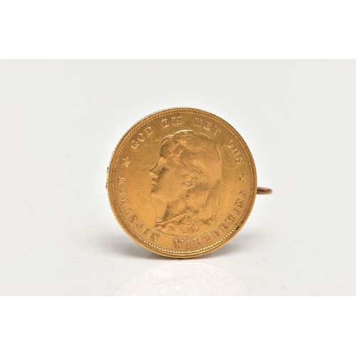 16 - A GOLD 10 GULDEN WILHELMENIA COIN BROOCH, soldered with a yellow metal brooch pin and C clasp, appro... 