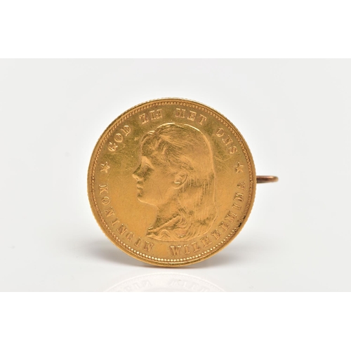 16 - A GOLD 10 GULDEN WILHELMENIA COIN BROOCH, soldered with a yellow metal brooch pin and C clasp, appro... 